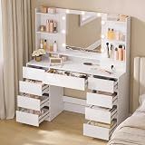 VASAGLE KAILYN Collection - Vanity Desk with Mirror and 9 LED Bulbs, Modern Vanity Makeup Table with Power Outlets, Dressing Table with 9 Drawers, for Bedroom, Cloud White URDT141WB01S