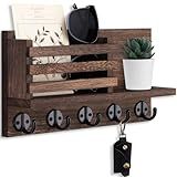 Lwenki Key Holder for Wall – Decorative Wooden Mail Holder and Key Shelf with Mounting Hardware, Installation Guide – Paulownia Wood with 5 Metal Key Hooks (11.8” x 6.7” x 2.8”)