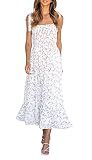Imily Bela Womens Summer Floral Dress Tie Strap Boho Smocked Ruffle A Line Beach Sun Long Maxi Dresses White