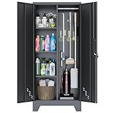 VASAAOSD 61" Broom Closet Storage Cabinet, Metal Storage Cabinet with Doors, Utility Cabinets for Brooms and Mops, Cleaning Tool Cabinets for Garage, Laundry Room, Bathroom