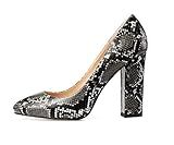SAMMITOP Women's Round Toe Block Heel Pumps Slip On Chunky High Heels Classic Dress Shoes for Wedding Party Events 4'' Size Python Grey 10 US M