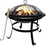 Gas One 22 in Outdoor– Wood Burning Fire Pit with Mesh Lid and Fire Picker – Durable Alloy Steel Fire Pits for Outside – Small Fire Pit for Backyard, Porch, Deck, Camping, BBQ