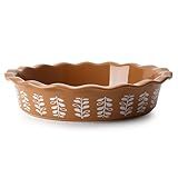 Sweese Porcelain Deep Fluted Pie Dish for Baking - 9 inch Porcelain Pie Plate for Apple, Quiche, Pot Pies, Tart - Leaf - Brown