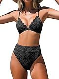 CUPSHE Bikini Set for Women Bathing Suit High Waisted Scalloped V Neck Two Pieces Swimsuit, M Black