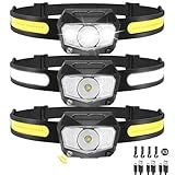 Headlamp Rechargeable 3Pack, 230°Wide Beam COB & 60° Super Birght LED Head Lamp with White Red Light, 7Mode Head Lights for Forehead with Motion Sensor, Headlamps for Adults Camping Running Hiking