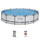 Bestway Steel Pro MAX 14' x 33" Round Above Ground Swimming Pool Set, 530 GPH Filter Pump, Tritech Puncture Resistant Liner, ClickConnect Steel Frame, Gray