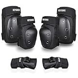 KEYSDEX Adult 6 in 1 Protective Gear Set,Knee Elbow Wrist Pads with Polypropylene Shell & EVA Padding for Skate&Skateboarding,Cycling,Roller Skating,Snowboarding,Scooter,BMX Black Large (134-190 LBS)