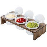 MyGift 10 Pcs Condiment Pot Serving Dish Set, Hosting Essentials, Premium Acacia Solid Wood Raised Display Server Tray and 3 Ceramic Ramekin Dip Bowls with Lids and Spoons