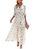 ANRABESS Womens 1/2 Sleeve Beach Wedding Guest Maxi Dresses 2025 Fall Wrap V Neck Boho Floral Flowy Slit Long Summer Dresses Floral Pink Blue X-Large