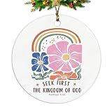 ignytiger Christian Ornaments, Matthew 6:33 Seek First Scripture 70s Groovy Retro Floral Ceramic Ornament Keepsake Decorations, Christian Gifts for Women Teen Girls