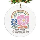 ignytiger Christian Ornaments, Matthew 6:33 Seek First Scripture 70s Groovy Retro Floral Ceramic Ornament Keepsake Decorations, Christian Gifts for Women Teen Girls
