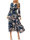 Simplee Women's Floral Boho Long Sleeve Maxi Dress V Neck Empire Waist Swing Flowy Wedding Guest Dress Navy Floral XL