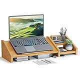 Ufine Bamboo Laptop Stand for Desk 3 Heights Adjustable Notebook Stand Computer Monitor Riser with 2 Tier Storage Shelf, Desktop Organizer Printer Stand for Home Office