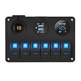 DaierTek 6 Gang Marine Rocker Switch Panel Waterproof 12 Volt, Boat Toggle Switch Panel 12V Blue LED Lighted for Boat Car RV UTV with USB Cigarette Lighter Socket Voltmeter
