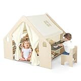Costzon Large Kids Tent, 6-in-1 Wooden Frame Play House with Table and Chair Set, Blackboard, 6 Storage Bins & Soft Floor Mat, Indoor Playhouse for Boys Girls Aged 2-6 Years Old