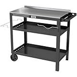 Feasto 31.5"x18" Outdoor Grill Cart with Stainless Steel Tabletop, Movable Grill Table with Seasoning Rack & Magnetic Tools Holder, Backyard BBQ Kitchen Food Prep Table for Portable Grill & Pizza Oven