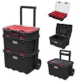 Keter Stack-n-Roll Modular Tools Organizer for Garage Storage and DIY, 3 Piece Resin Rolling Tool Box System for Small Parts, Black