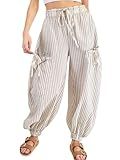 Yinawsky Women Drawstring Striped Pants Loose Wide Leg Casual Lounge Pants with Pockets(0352-LightGrey-XL)