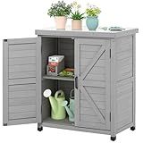 Outdoor Storage Cabinet & Potting Bench Table with Metal Top, Wooden Patio Furniture, Garden Workstation (Classic Grey, 36x31x17in)