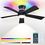 Surtime 46" Black Ceiling Fans with RGB Lights - Flush Mount Ceiling Fan Light with LED 3CCT Dimmable, Modern Low Profile Ceiling Fans for Indoor Party,Covered Outdoor