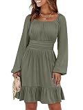 ANRABESS Womens Dress Long Lantern Sleeve Square Neck Elastic Waist Ruffle Flowy Swing A-Line Short Dresses 2026 Fall Fashion Army Green Large