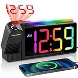 Peakeep Projection Alarm Clock for Bedroom Ceiling, Loud for Heavy Sleepers, RGB Nightlight Multi-Color Large Display 5 Brightness Dimmer, Plug in Bedside Electric LED Digital Clock with USB Port