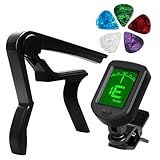 JINWEE Clip-On Guitar Tuner, Buzzing-Free Guitar Capo,Quick Release capo for Acoustic Guitar, Bass, Ukulele, Violin with 5Pcs Pick.