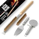Essential Pizza Oven Accessories Kit- Includes Extra-Long Wooden Handle, 2 Brush Heads with Stainless Steel, Heat-Proof Bristles- + Slicer & Server |Works on Gozney, Blackstone & Pizza Ovens