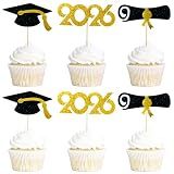 2026 Graduation Cupcake Toppers 48 Pack, Pre-Assembled Food & Appetizer Picks, Black Gold Grad Cap & Diploma Cupcake Decorations for Graduation Party