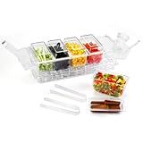 Ice Chilled Condiment Caddy Organizer with Detachable Ice Box & Side Bins, 5 Removable 2.5 Cup Containers with Lids, Clear Garnish Tray Server for Taco Bar, Mimosa, Fruit, Salad, Buffet (BPA-Free)