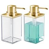 mDesign Rectangle Plastic Refillable Liquid Soap Dispenser Pump Bottle for Bathroom Vanity, Countertop, Sink - Holds Hand Soap/Sanitizer, Essential Oils, Lumiere Collection, 2 Pack, Clear/Gold