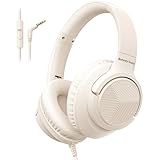Botesty Sound Headphones Wired with Microphone, Over Ear Foldable 3.5mm Plug in Headphones Corded with 4.9ft Tangle-Free Nylon Cord for Tablet, Laptop, MP3/4, School, Airplane Travel (Beige)