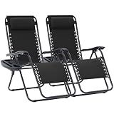 JEAREY Zero Gravity Lounge Chairs Set of 2, Adjustable Steel Mesh Recliners with Pillows and Cup Holder Trays for Patio, Garden, Beach, Black