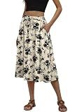 MLXSJ Women's Midi Skirt Summer Pleated Flowy Elastic High Waisted Skirts with Pockets (Black Floral Light Beige, L)