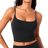 CRZ YOGA Butterlift Womens Scoop Neck Longline Sports Bra - U Back Adjustable Straps Workout Crop Tank Top with Built in Pads Black Medium