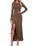 MEROKEETY Womens Fall Wedding Guest Dress Formal Maxi Dresses, Brown, S