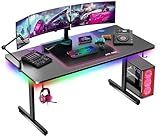 GTRACING Gaming Desk 55 Inch with LED Lights, Large Computer Desk with Mouse Pad for Home Office, T-Shaped Carbon Fibre Surface PC Game Workstations with Headphone Hook