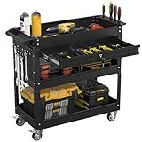 Granper 3 Tier Rolling Tool Cart with Drawers, Heavy Duty Utility Cart on Wheels, Large Storage Capability Service Cart for Garage, Warehouse and Repair Shop (Black)