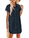Zeagoo Casual Summer Dresses for Women 100% Cotton Linen Sundress Short Sleeve Mini Button Vneck Beach Vacation Tunic Dress Elegant Work Outfits BlueM