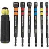 Klein Tools 32950 Ratcheting Impact Rated Hollow Power Nut Driver Set with Handle, Magnetic, Color Coded, 6 SAE Hex Sizes and Handle Included