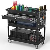 Cobinery 3 Tier Rolling Tool Cart on Wheels, 550 LBS Tool Cart with Drawers，Heavy Duty Utility Cart with Pegboard and Hooks，Mechanic Tool Storage Cart for Garage, Warehouse and Repair Shop(Black)