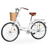 Outroad Beach Cruiser Bike, 24 inch Commuter Bicycle for Adult Men and Women,High-Carbon Steel Comfortable City Bikes with Rear Rack or Basket,White