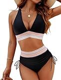 Blooming Jelly Womens High Waisted Bikini Tummy Control Color Block Swimsuits Two Piece Bathing Suit (L, Black)