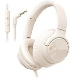 Botesty Sound Headphones Wired with Microphone, Over Ear Foldable 3.5mm Plug in Headphones Corded with 4.9ft Tangle-Free Nylon Cord for Tablet, Laptop, MP3/4, School, Airplane Travel (Beige)