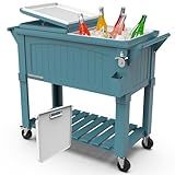 Permasteel Party Cooler with Divider, Spacious 80-Qt Capacity, Chills 36hrs, Serving Tray, Rolling Ice Chest for Indoor and Outdoor Entertainment, Matte Teal