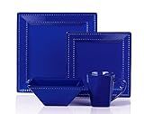 Stylish and Elegant 16 Piece Square Beaded Stoneware Dinnerware set Service for Hosting Parties and Events - Blue, 16 Piece, Square Beaded