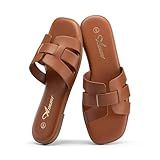 Athlefit Brown Sandals Women Dressy Summer Flat Sandals Square Open Toe Slip On Leather Slide Sandals Size 8