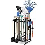 Sttoraboks Garden Tool Organizer Rack Up to 50 Tools, Heavy-Duty Steel Yard Tool Organizer for Garage Storage with 11 Hooks, Broom Holder & Garden Tool Rack for Shed, Patio, Outdoor Use, Black