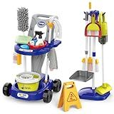 Kids Cleaning Set for Toddlers Pretend Play Housekeeping Supplies Kits with Real Working Vacuum Cleaner, Broom, Spray Bottle, Dust Pan and More Role Play Educational Toys for Toddler Boys Girls (Blue)