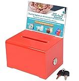 Donation Collection Ballot Box Ticket & Drawing Voting or Comment Box office and fundraising suggestion box 6.25 x 4.75 x 4 inch, Display Sign Holder 4 x 6 inch with Lock and keys (Red)